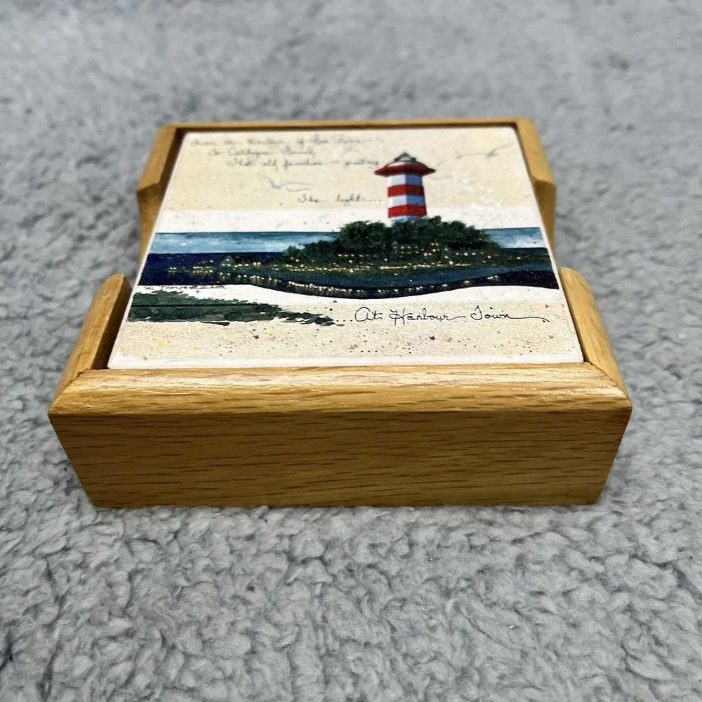 Hilton‎ Head Lighthouse Tile Drink Coasters Harbour Town Set of 4 w/ Tray
